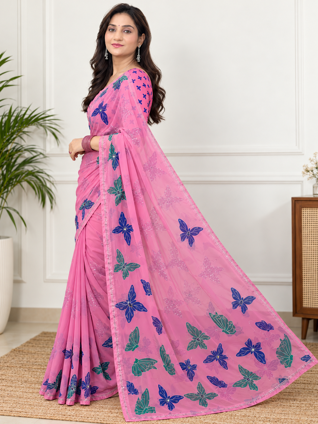 Pink Butterfly Print Georgette Saree