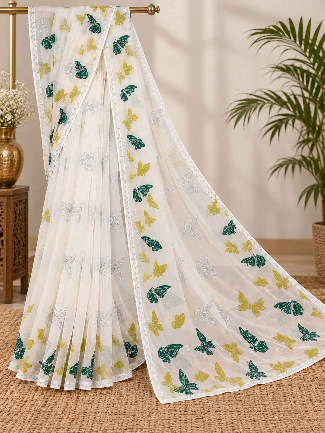 Off-White Butterfly Print Georgette Saree
