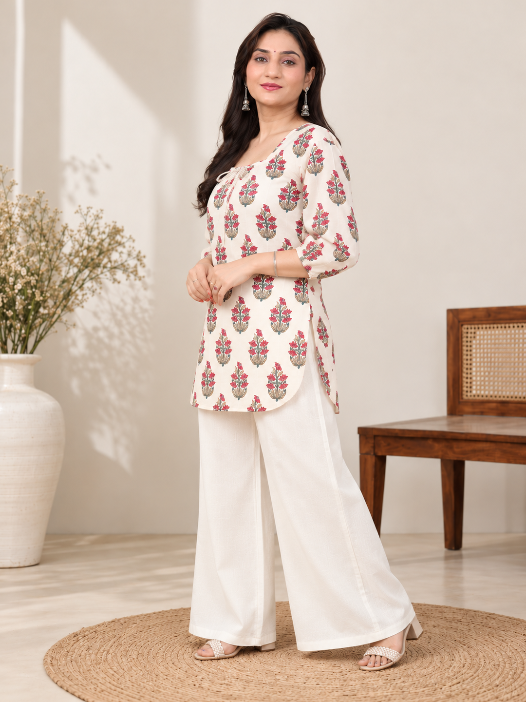 Ivory Blossom Short Cotton Kurti