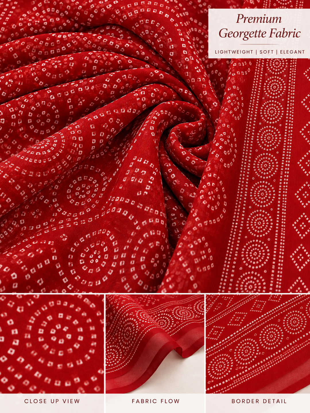 Red Bandhani Saree – Georgette – Classic, Traditional Elegance