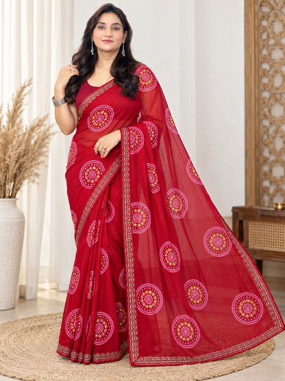 Red Hand-Painted Bandhani Georgette Saree – Festive Wear