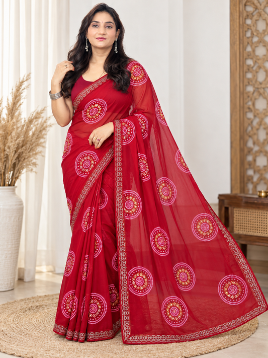 Red Hand-Painted Bandhani Georgette Saree – Festive Wear