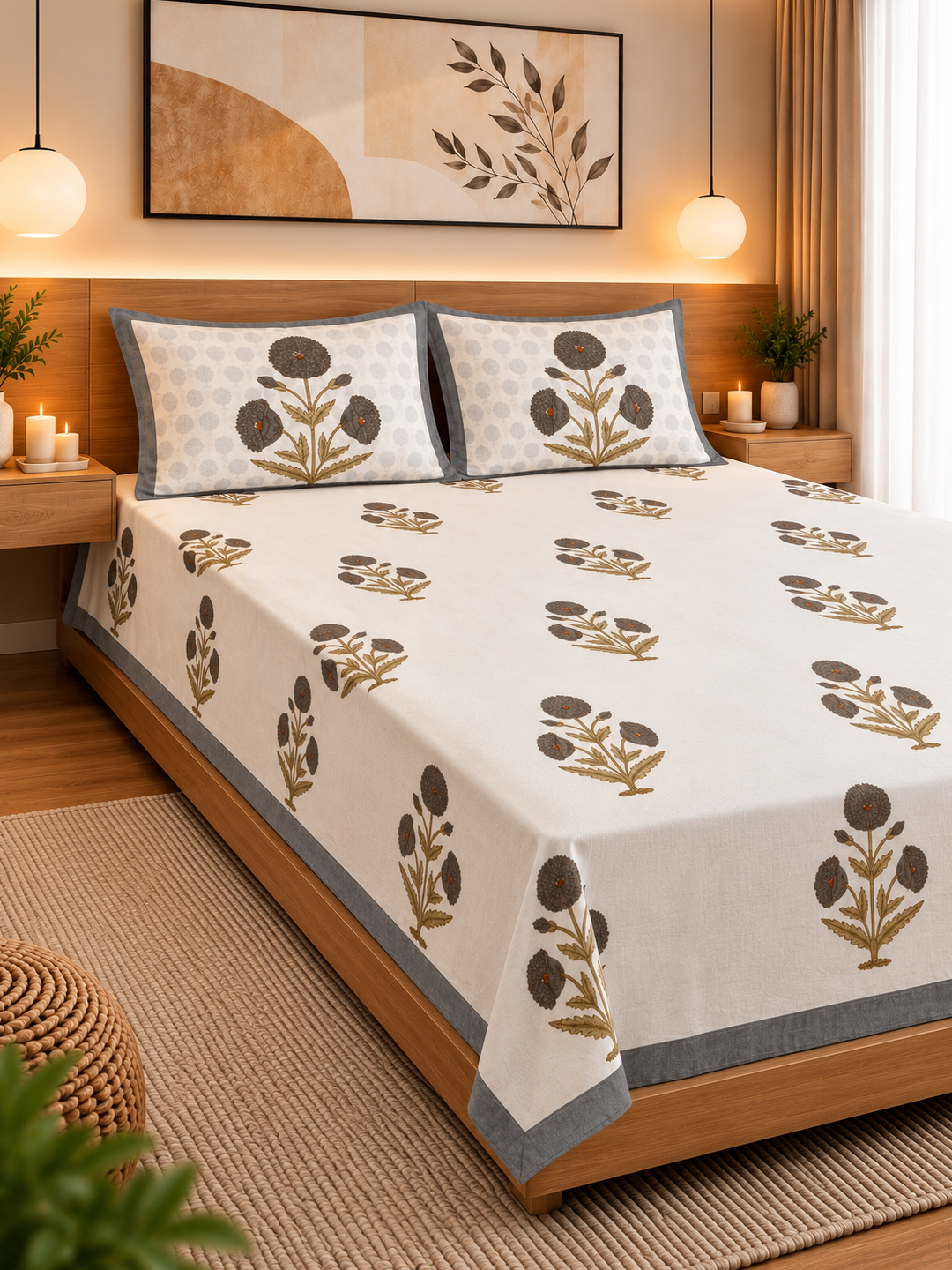 Premium Cotton Jaipuri Hand-Block Print Bedsheet – 108 × 108 Inches