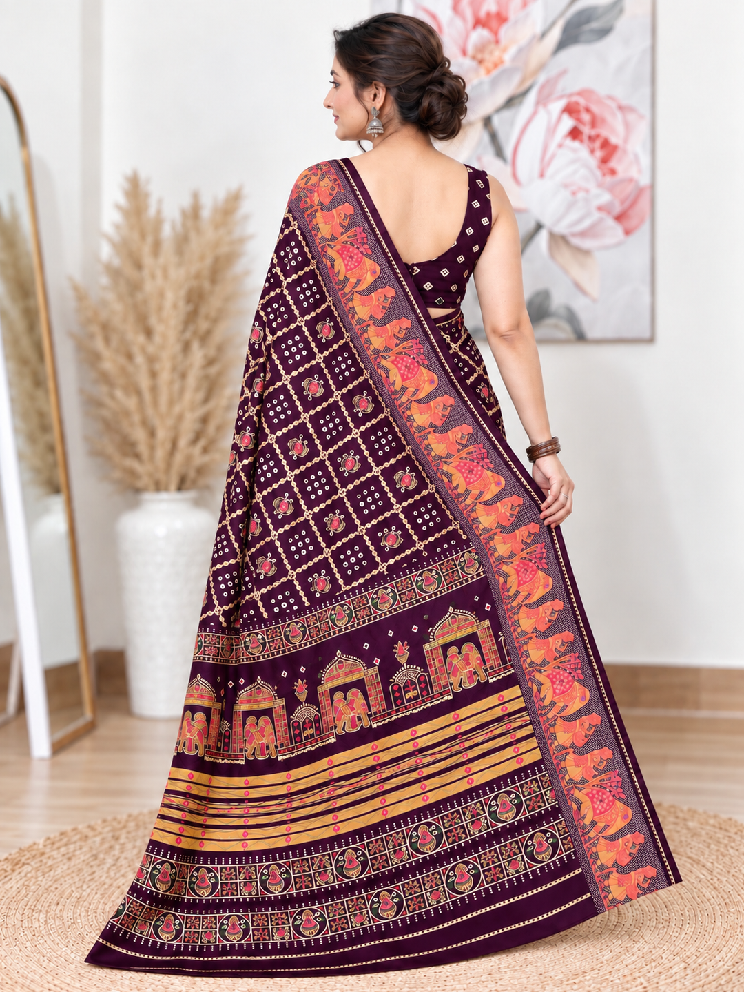 Wine Chuneri Saree (Moss Crush) – Deep, Textured Elegance