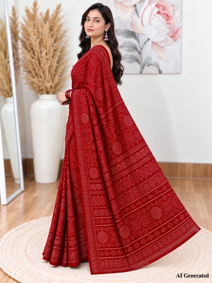 Red Bandhani Saree – Georgette – Classic, Traditional Elegance