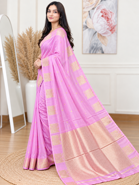 Festive Pink Banarasi Silk Saree – Crape Silk – Soft, Luxe Elegance