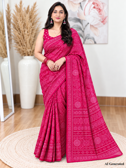 Magenta Bandhani Saree – Georgette – Bold, Traditional Elegance