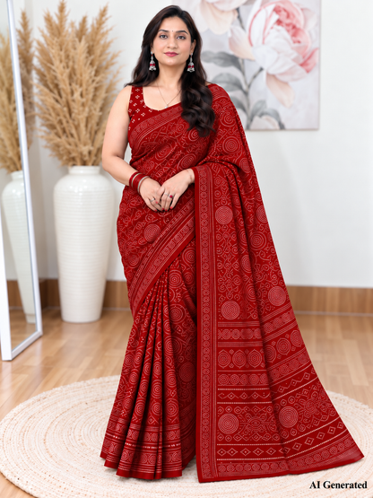 Red Bandhani Saree – Georgette – Classic, Traditional Elegance