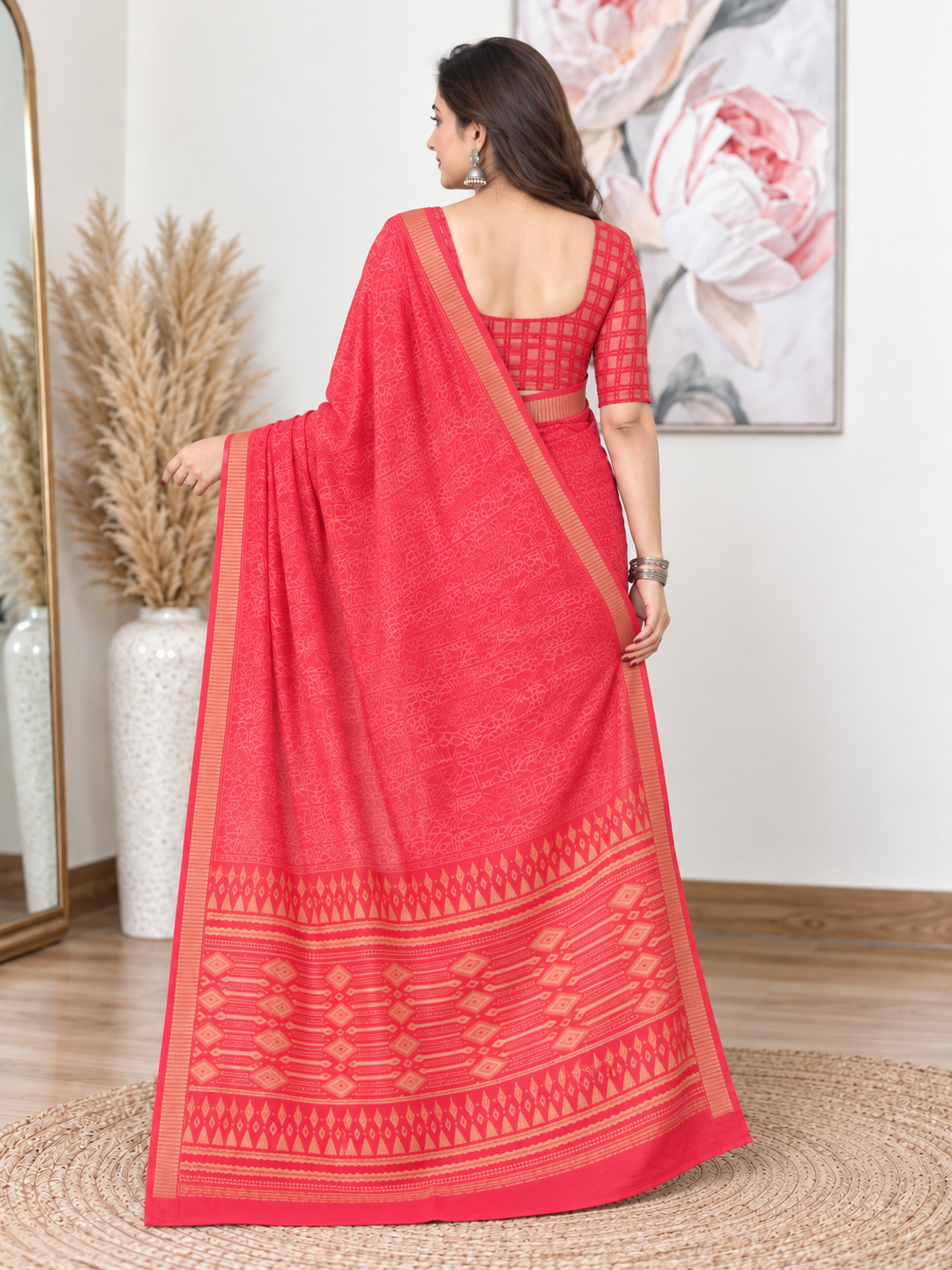 Rose Pink Ethnic Saree – Georgette – Soft, Festive Elegance