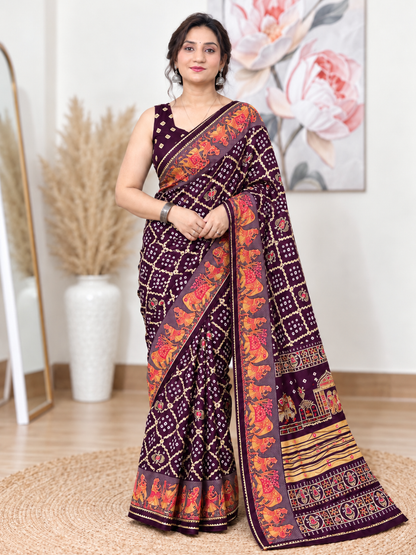 Wine Chuneri Saree (Moss Crush) – Deep, Textured Elegance