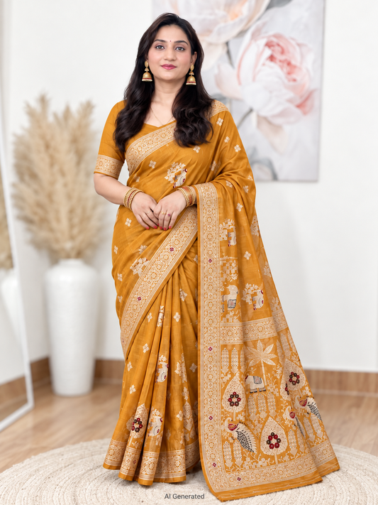 Mustard Yellow Russian Silk Banarasi Saree – Warm, Luxe Elegance