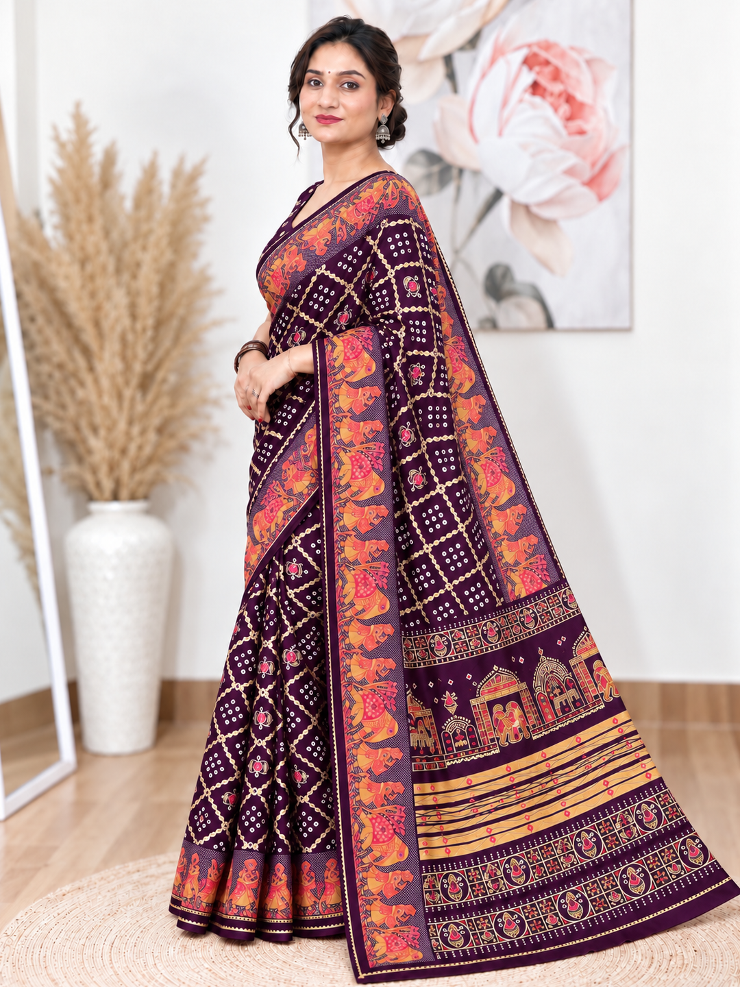 Wine Chuneri Saree (Moss Crush) – Deep, Textured Elegance