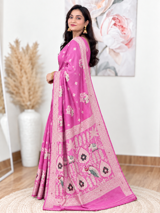 Pink Russian Silk Banarasi Saree – Luxe, Traditional Elegance