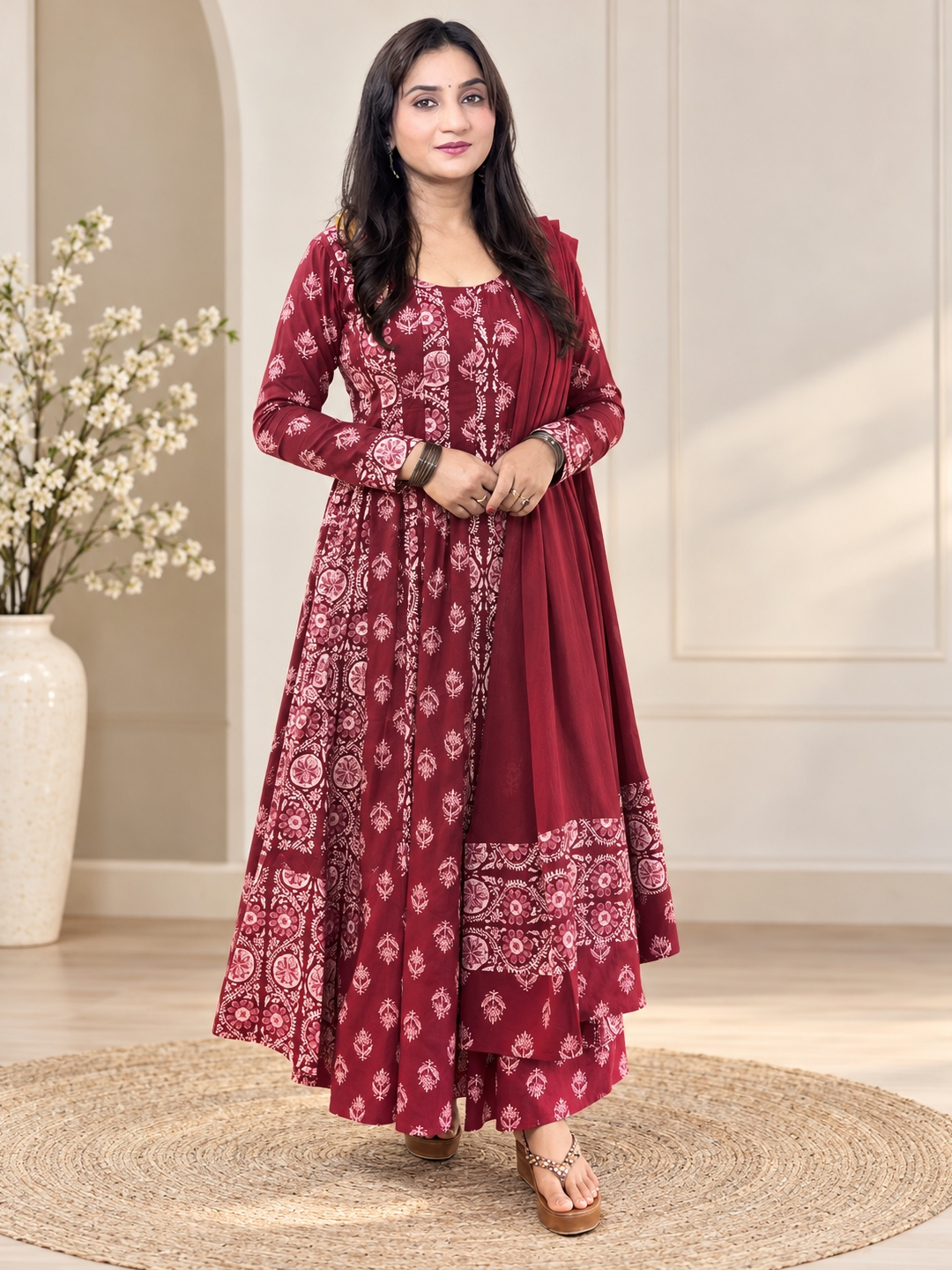 Maroon Cotton Anarkali Suit