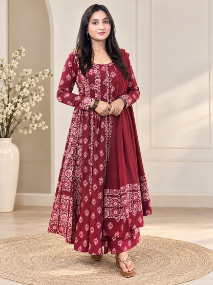 Maroon Cotton Anarkali Suit