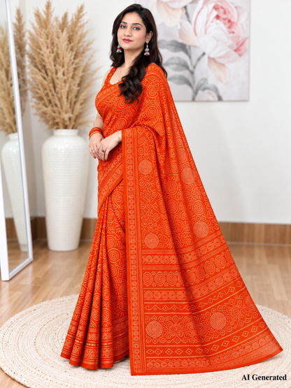 Orange Bandhani Saree – Georgette – Bright, Traditional Elegance