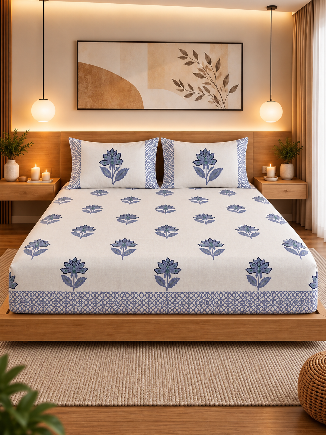 Premium Cotton Jaipuri Hand-Block Print Double Bedsheet –108×108 King Size