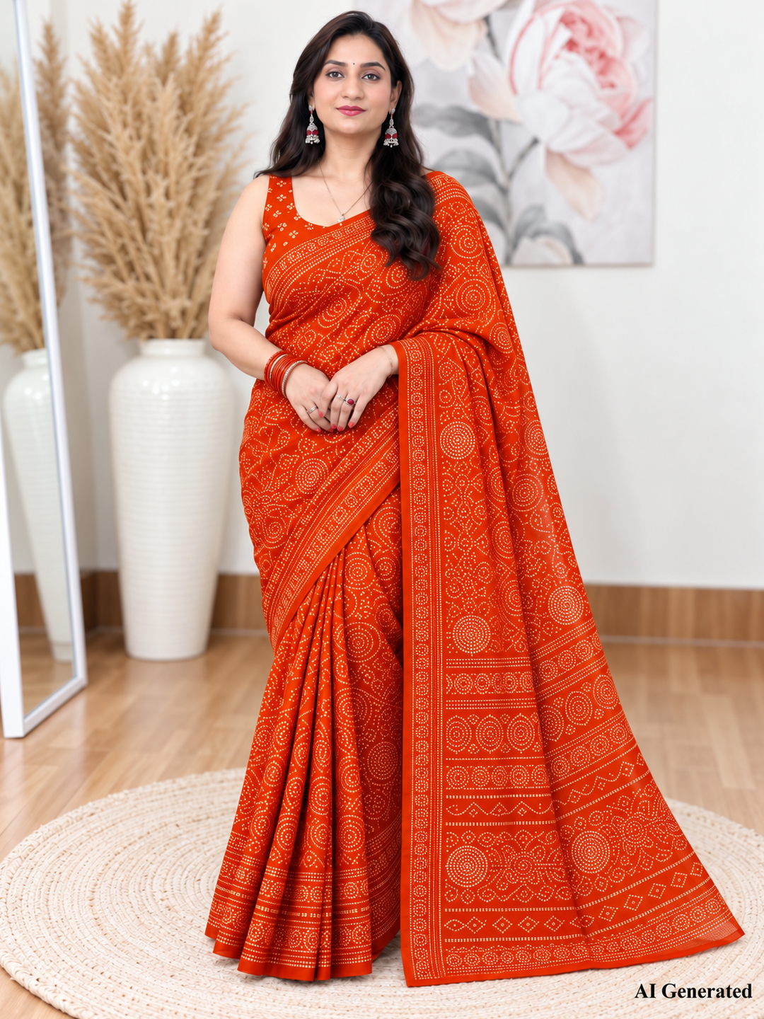 Orange Bandhani Saree – Georgette – Bright, Traditional Elegance