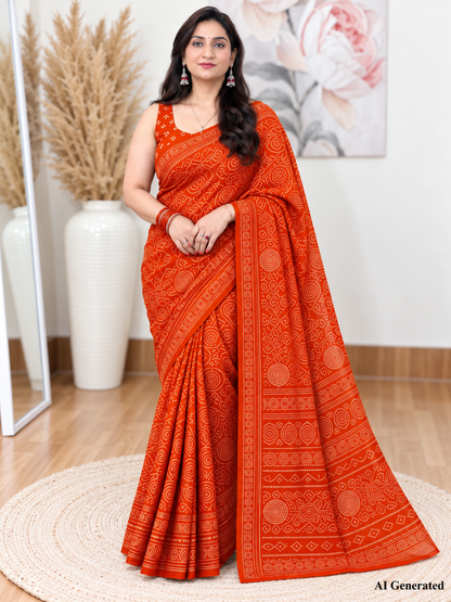 Orange Bandhani Saree – Georgette – Bright, Traditional Elegance