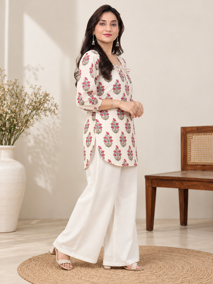 Ivory Blossom Short Cotton Kurti