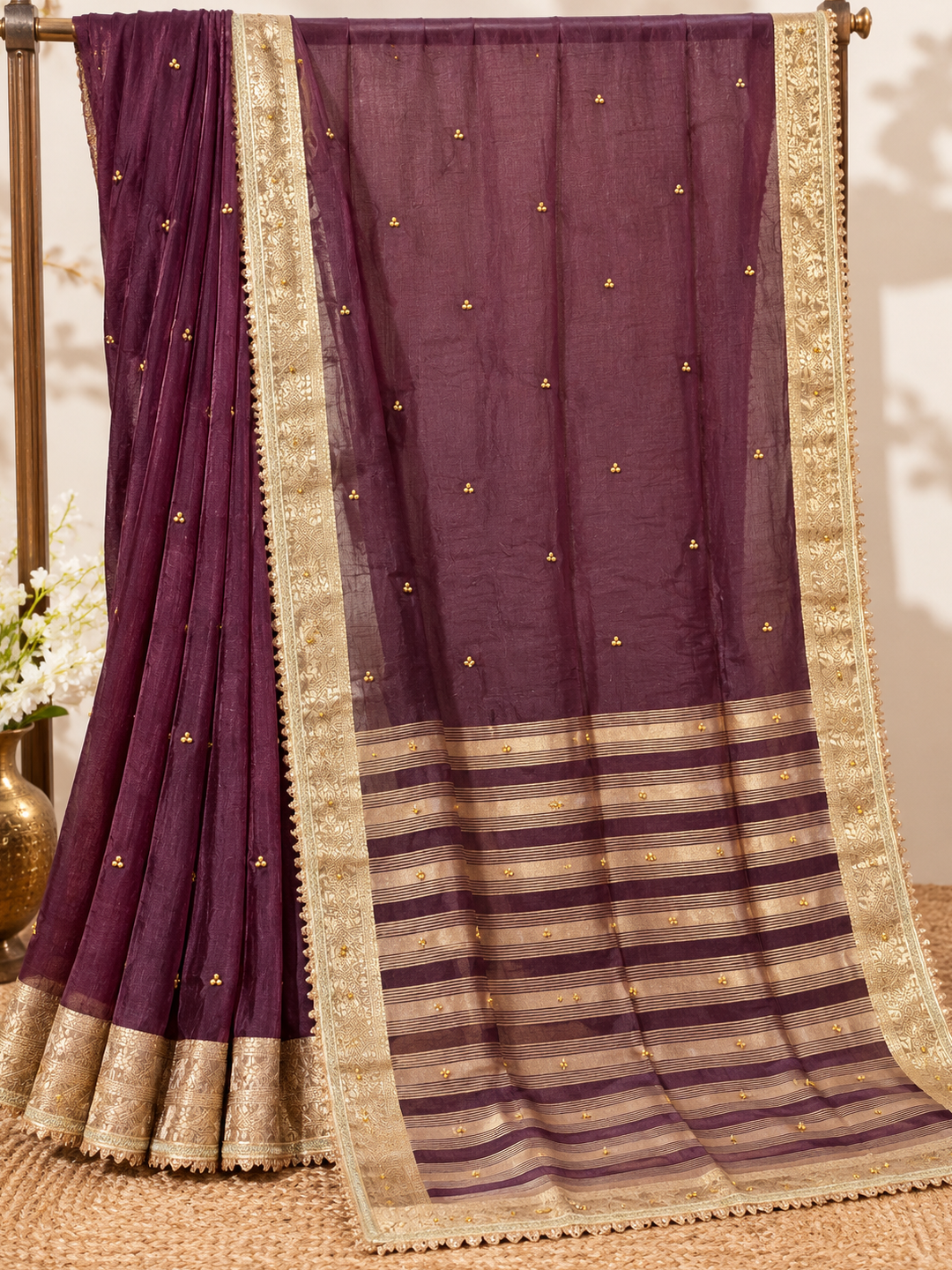 Wine Ghunghroo Organza Saree – Festive Wear