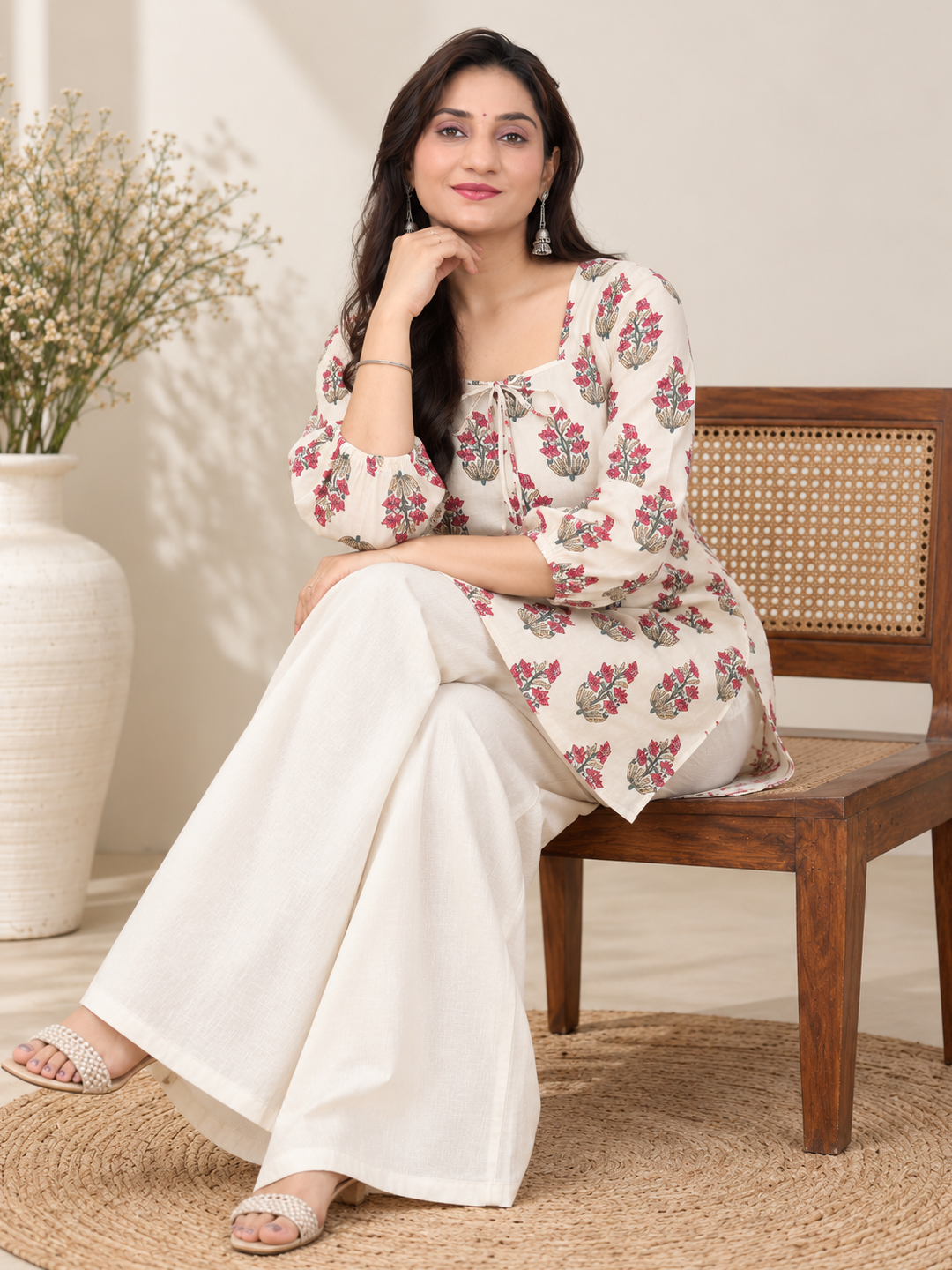 Ivory Blossom Short Cotton Kurti