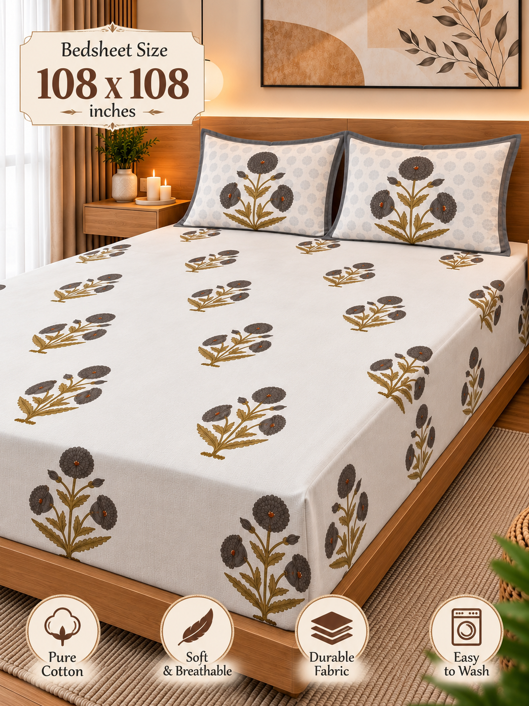 Premium Cotton Jaipuri Hand-Block Print Bedsheet – 108 × 108 Inches