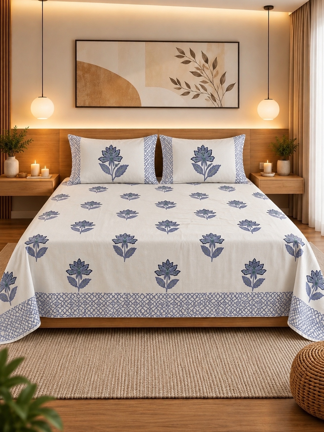 Premium Cotton Jaipuri Hand-Block Print Double Bedsheet –108×108 King Size