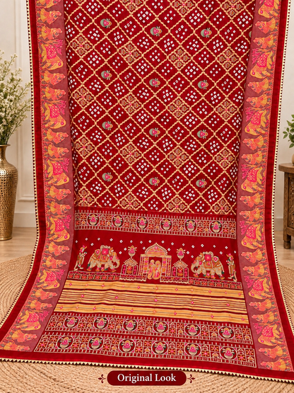 Red Chuneri Saree (Moss Crush) – Vibrant, Textured Elegance