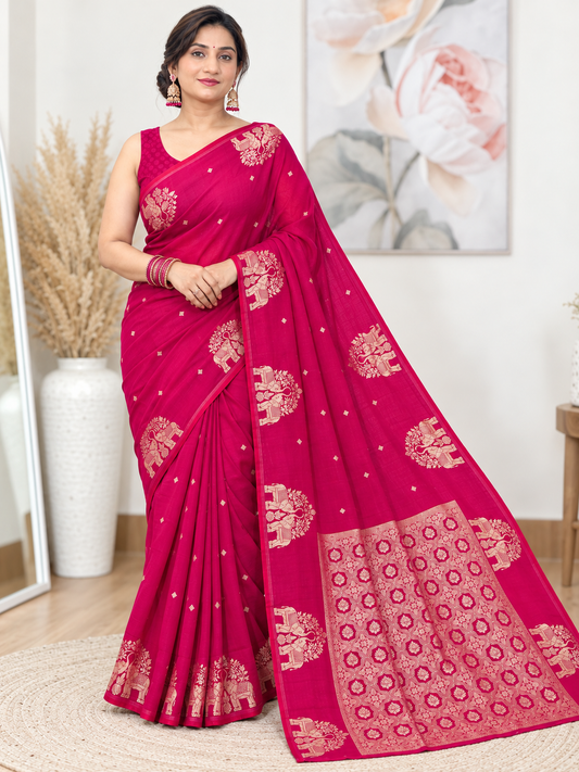 Festive Rani Pink Banarasi Silk Saree – Crape Silk – Bold, Luxe Elegance
