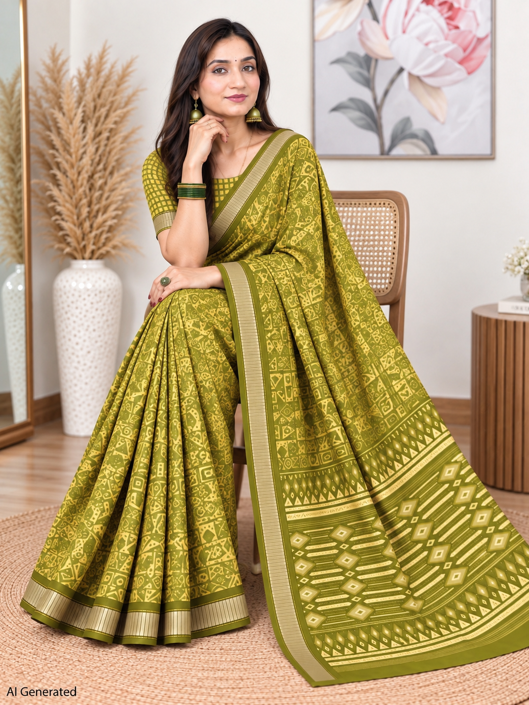 Mehndi Ethnic Saree – Georgette – Earthy, Timeless Elegance