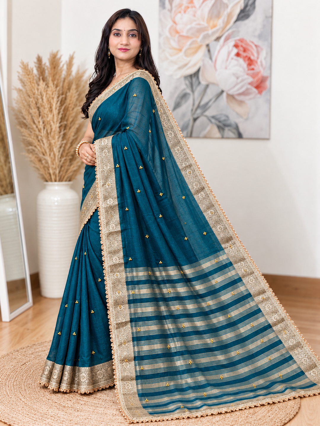 Teal Ghunghroo Organza Saree – Festive Wear