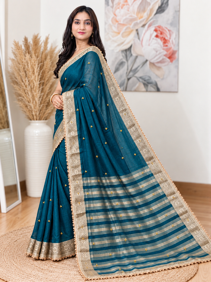 Teal Ghunghroo Organza Saree – Festive Wear