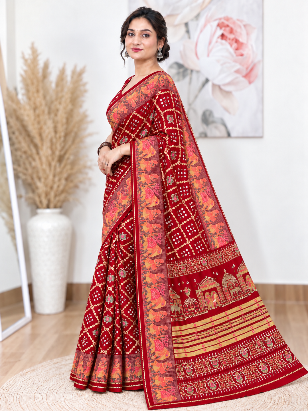 Red Chuneri Saree (Moss Crush) – Vibrant, Textured Elegance