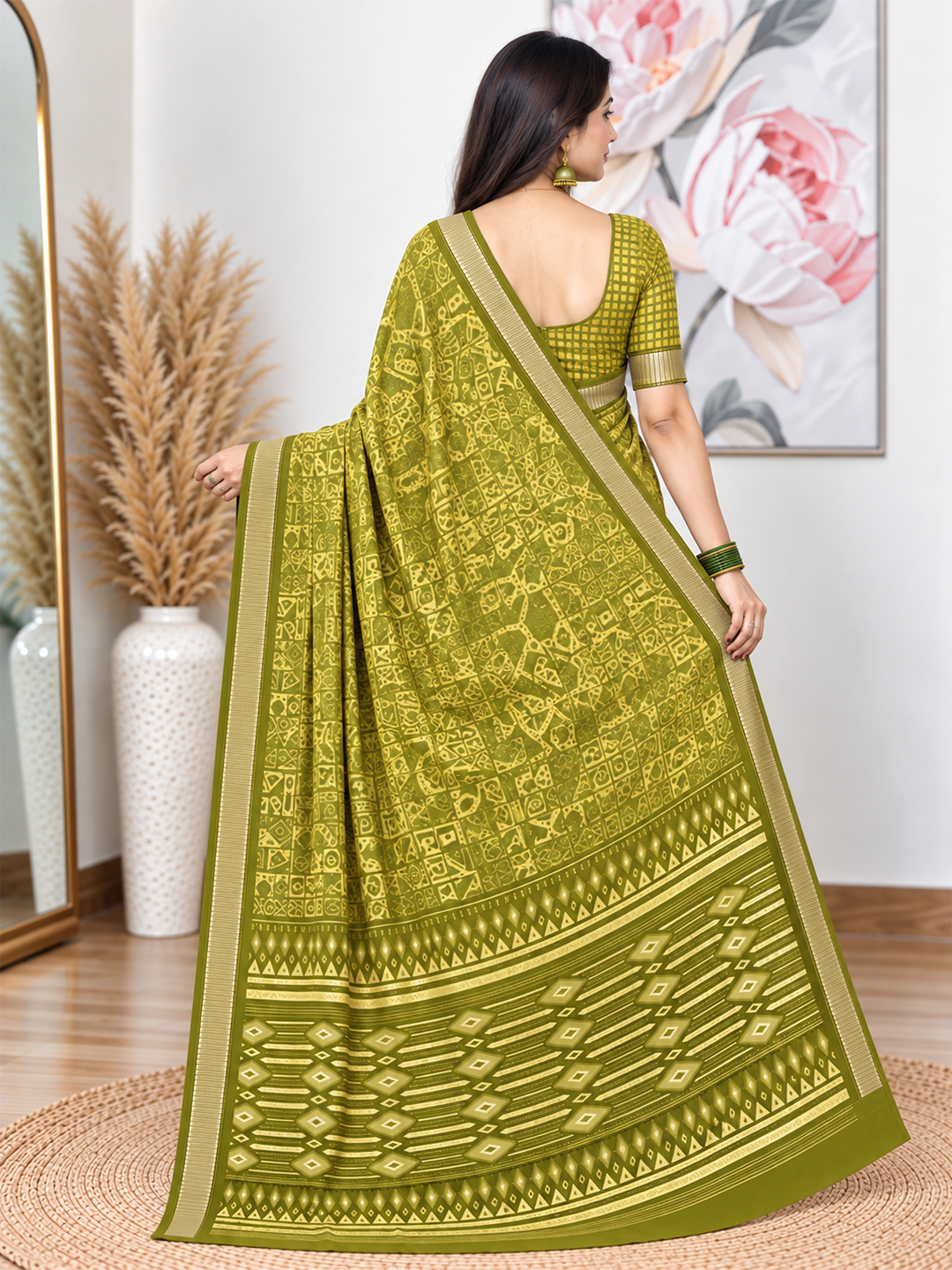Mehndi Ethnic Saree – Georgette – Earthy, Timeless Elegance