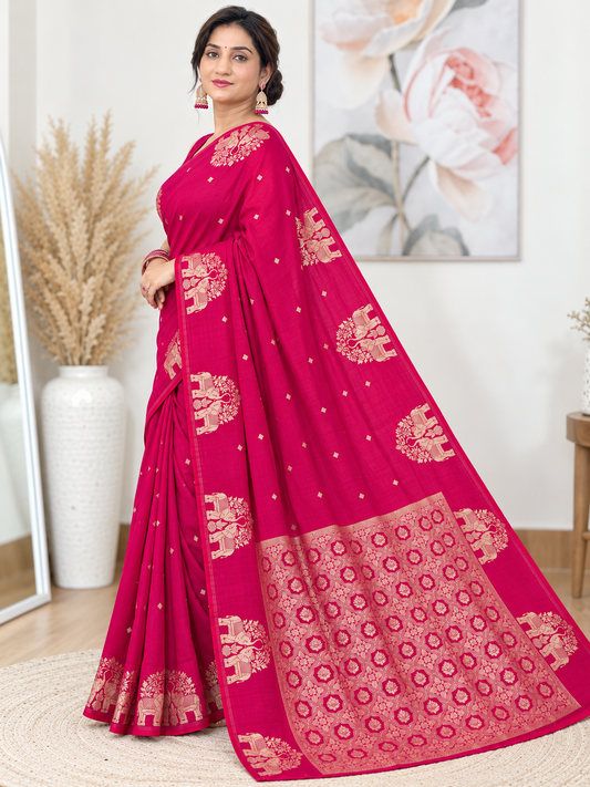Festive Rani Pink Banarasi Silk Saree – Crape Silk – Bold, Luxe Elegance