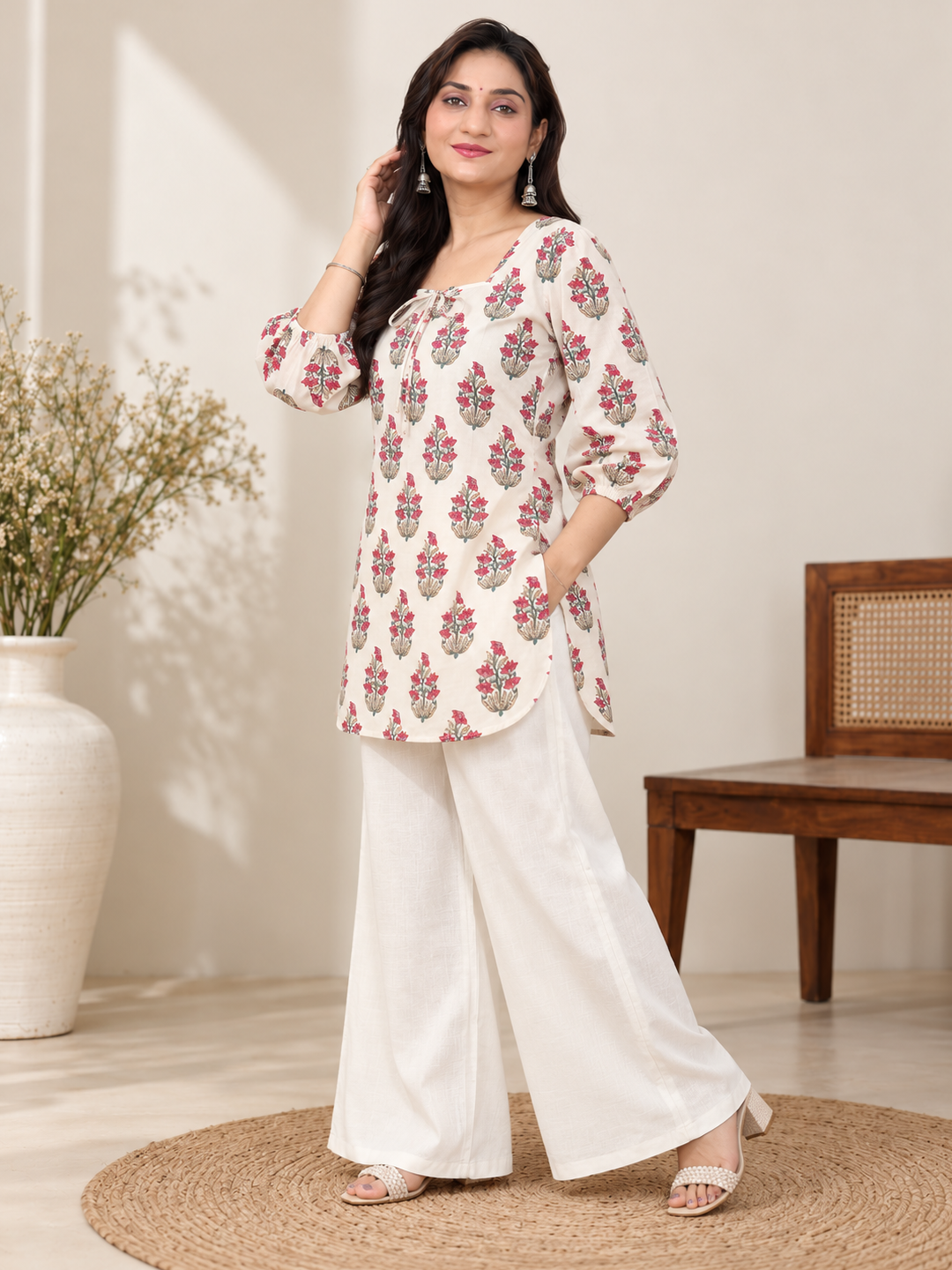Ivory Blossom Short Cotton Kurti