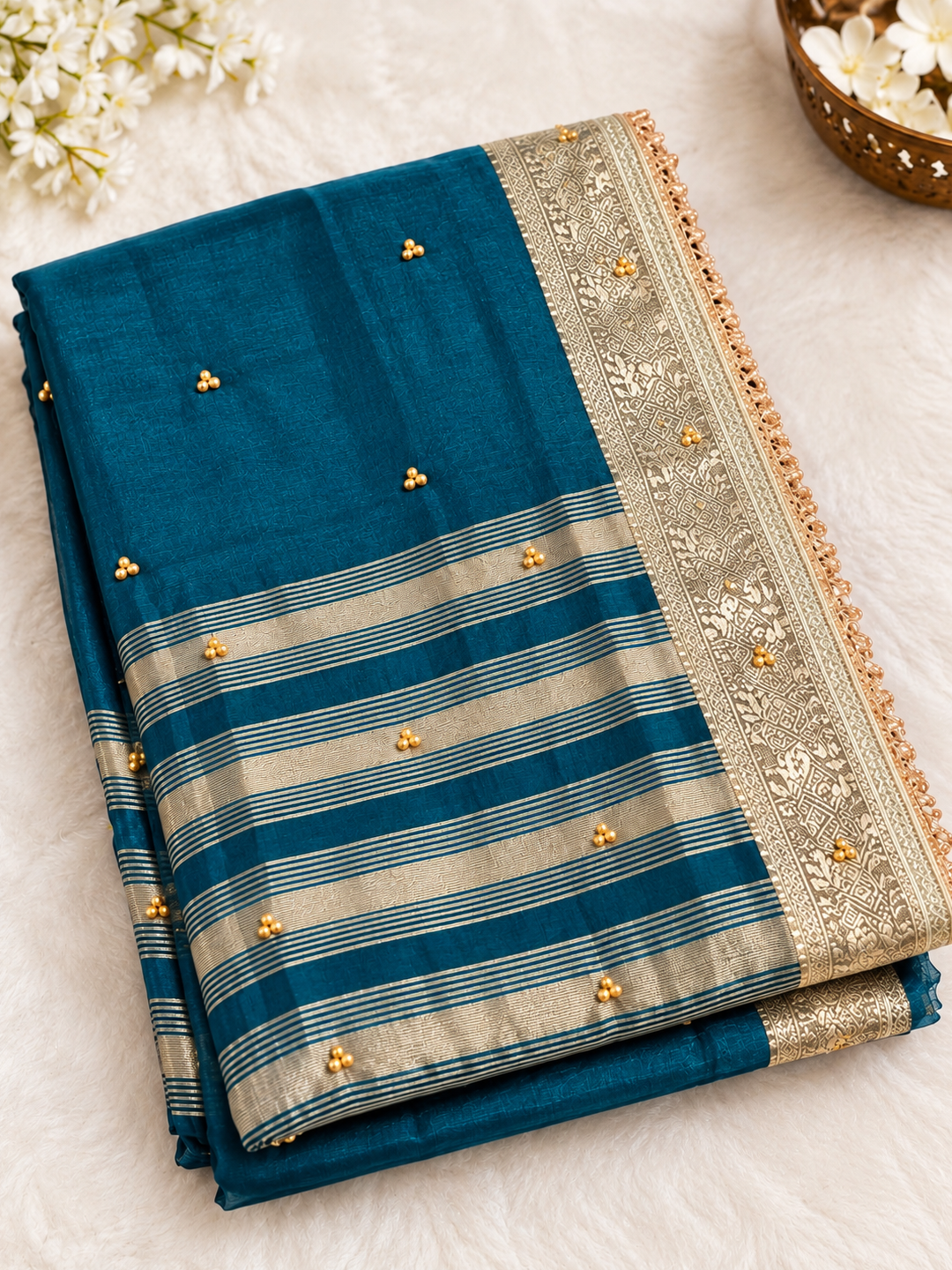 Teal Ghunghroo Organza Saree – Festive Wear