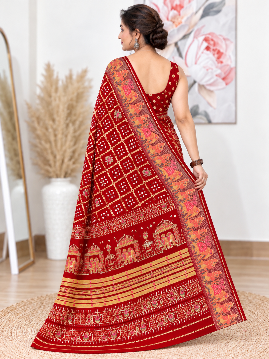 Red Chuneri Saree (Moss Crush) – Vibrant, Textured Elegance