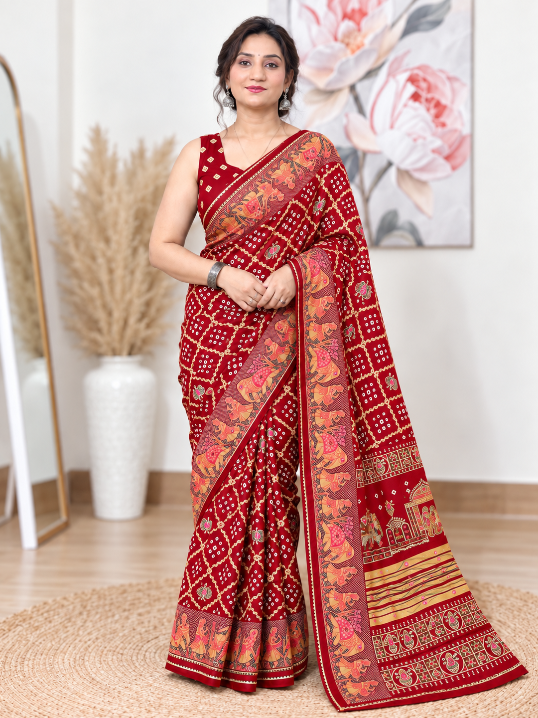 Red Chuneri Saree (Moss Crush) – Vibrant, Textured Elegance
