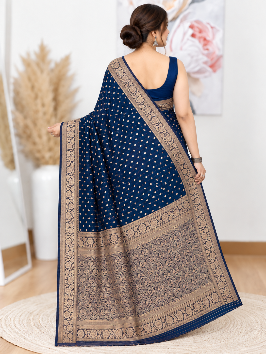 Navy Gold Elegance Saree – Georgette – Regal, Festive Glamour