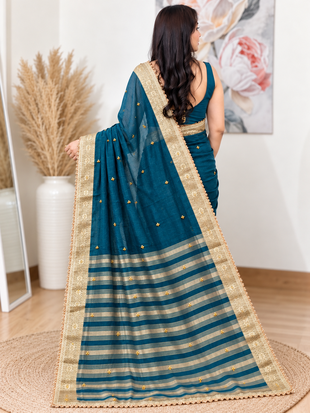 Teal Ghunghroo Organza Saree – Festive Wear