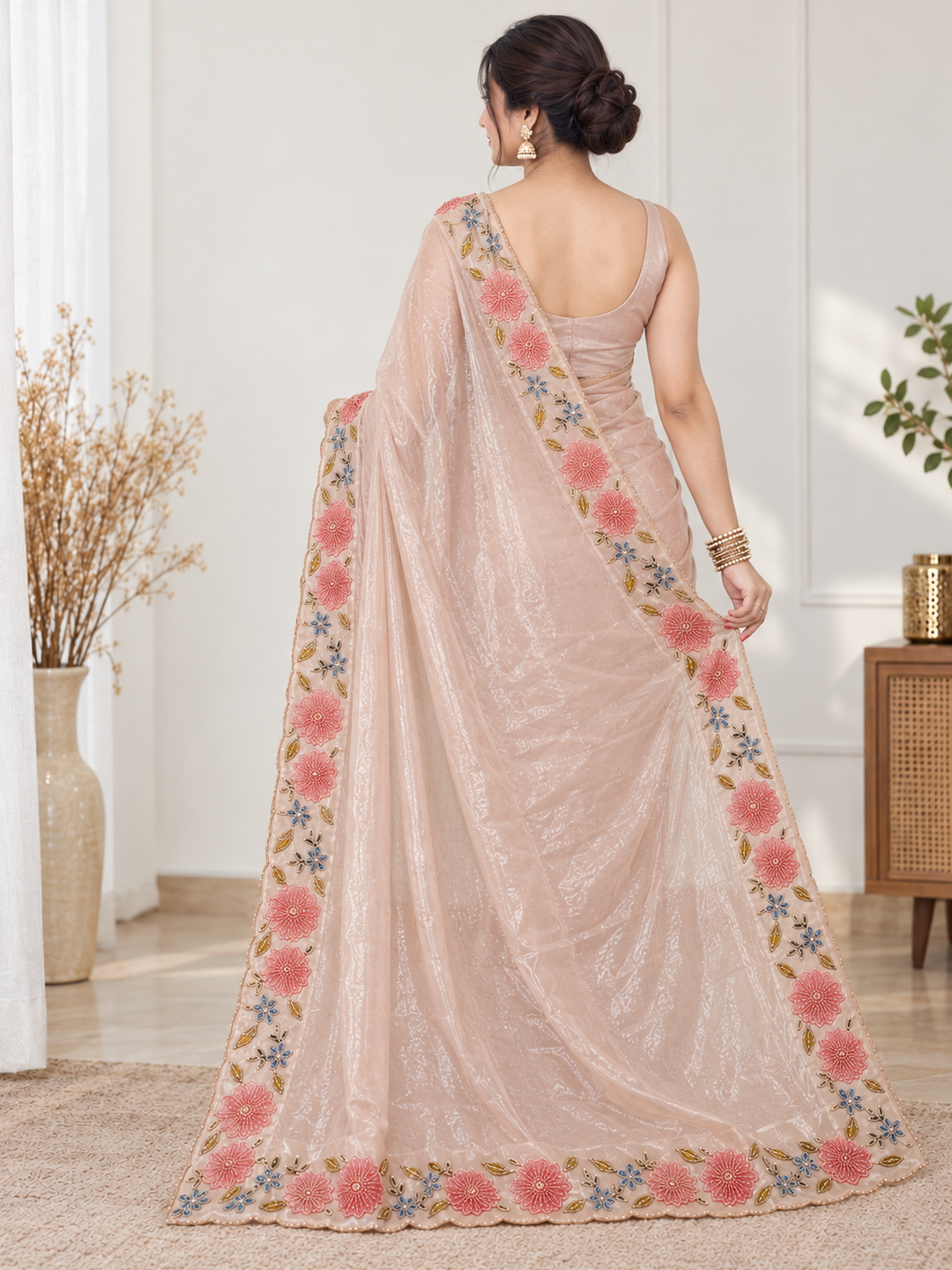 Rose Gold Satin Silk Saree – Festive & Party Wear