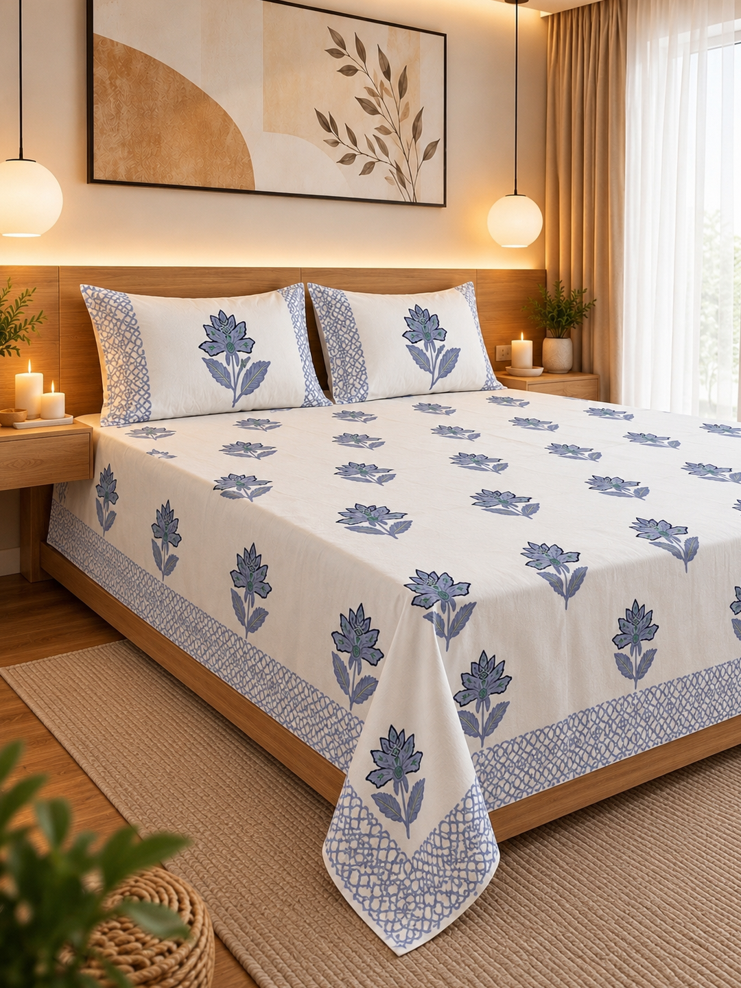 Premium Cotton Jaipuri Hand-Block Print Double Bedsheet –108×108 King Size