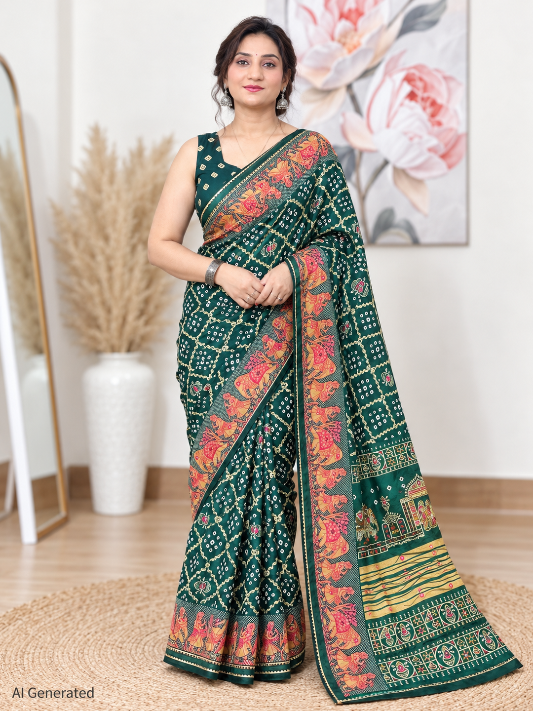 Green Chuneri Saree (Moss Crush) – Textured, Earthy Elegance