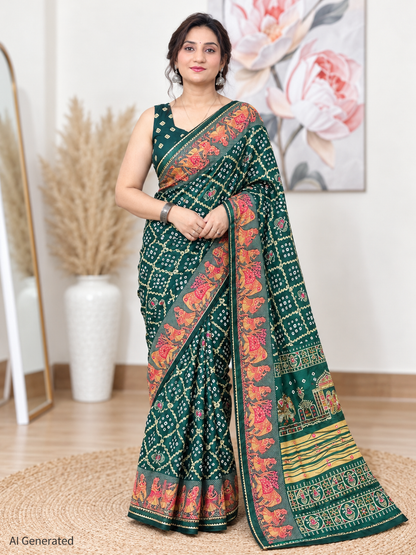 Green Chuneri Saree (Moss Crush) – Textured, Earthy Elegance