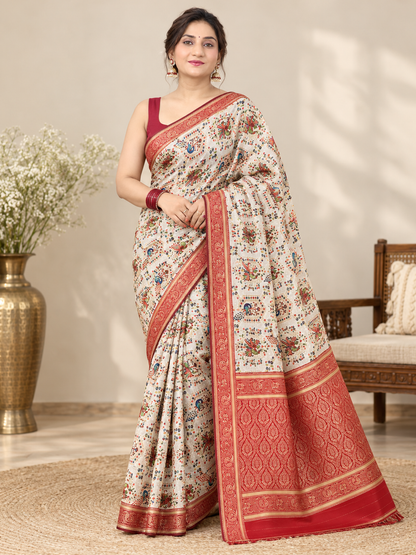 Karwa Chauth Special Ivory and Red Printed Silk Saree