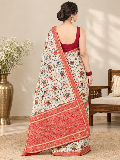 Karwa Chauth Special Ivory and Red Printed Silk Saree