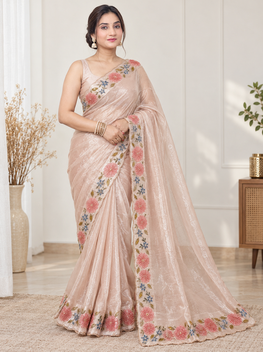 Rose Gold Satin Silk Saree – Festive & Party Wear