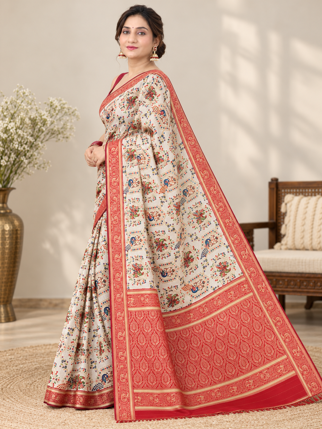Karwa Chauth Special Ivory and Red Printed Silk Saree